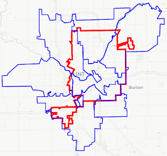 Comparison of city limits (red) and zip codes (blue) in Flint, Michigan