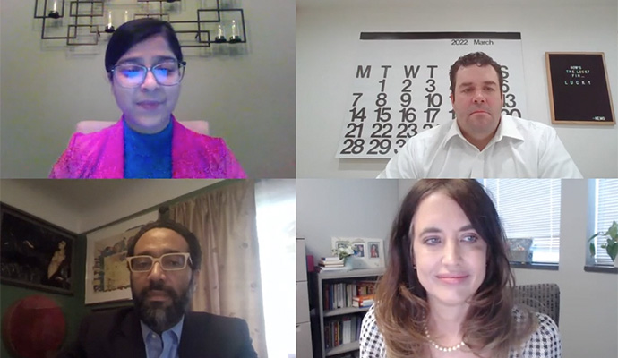 Panelists Adam Hornung (top right), Taft Parsons III, MD (bottom left), and Jane Hamilton, PhD, MPH, LCSP (bottom right) talk overcoming barriers to telehealth utilization.