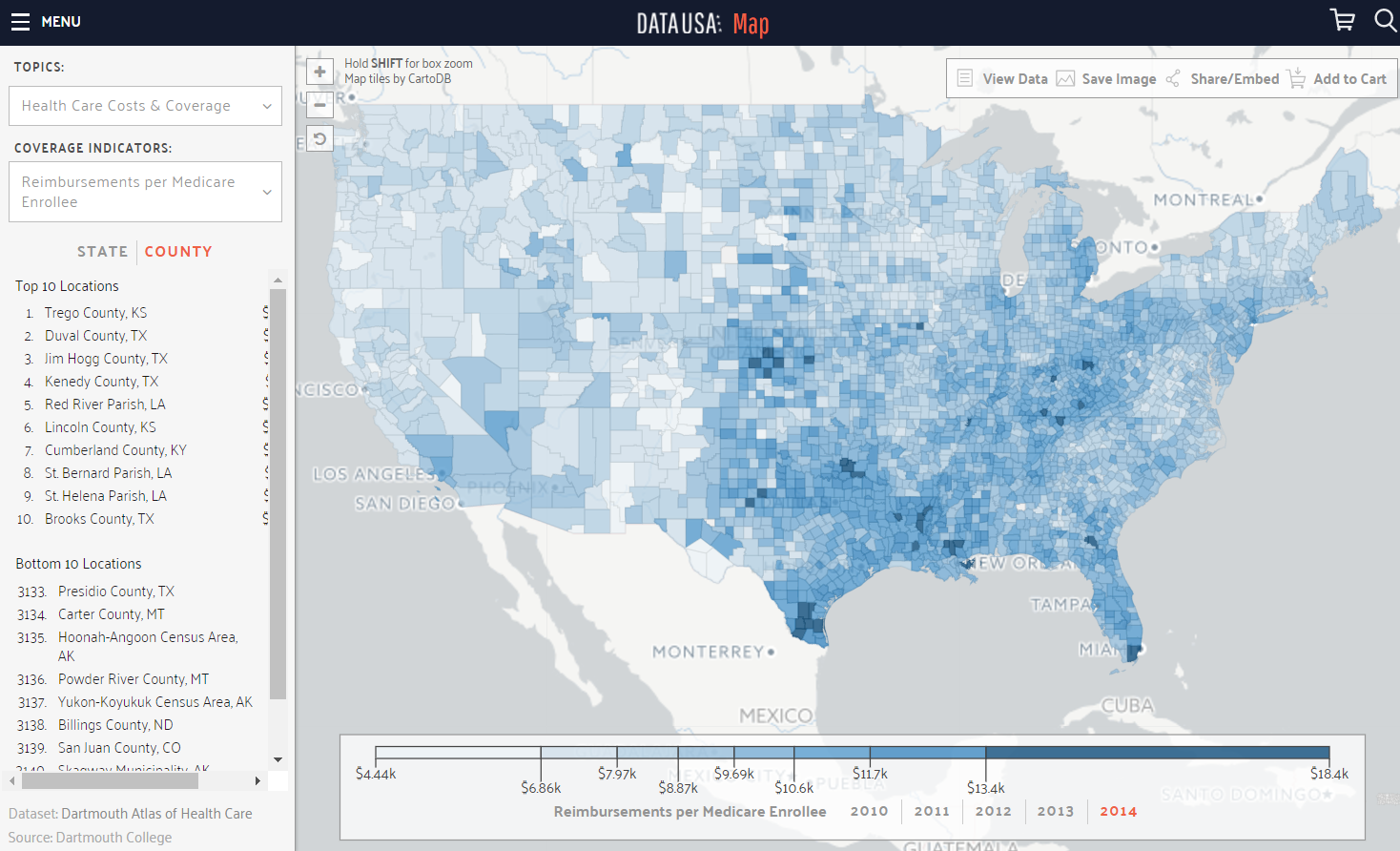 Medicare reimbursement by county, 2014